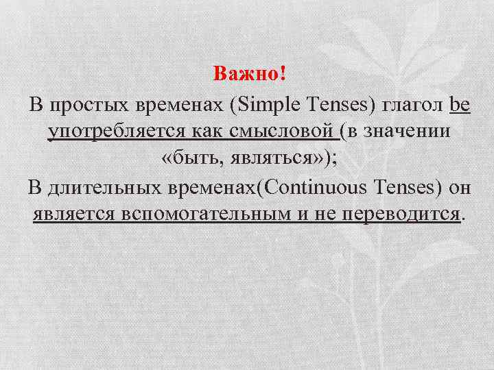 Важно! В простых временах (Simple Tenses) глагол be употребляется как смысловой (в значении «быть,