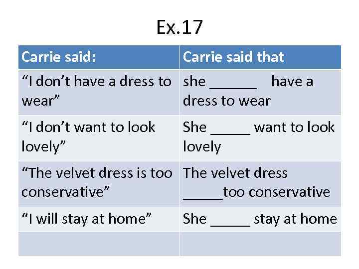 Ex. 17 Carrie said: Carrie said that “I don’t have a dress to she