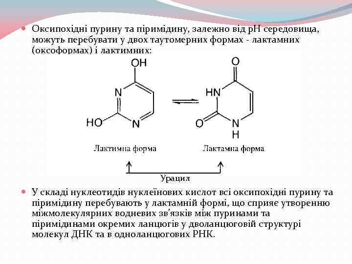  Оксипохідні пурину та піримідину, залежно від р. Н середовища, можуть перебувати у двох