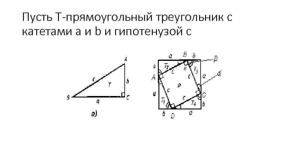 Пусть T-прямоугольный треугольник с катетами a и b и гипотенузой c 