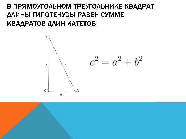 В ПРЯМОУГОЛЬНОМ ТРЕУГОЛЬНИКЕ КВАДРАТ ДЛИНЫ ГИПОТЕНУЗЫ РАВЕН СУММЕ КВАДРАТОВ ДЛИН КАТЕТОВ 