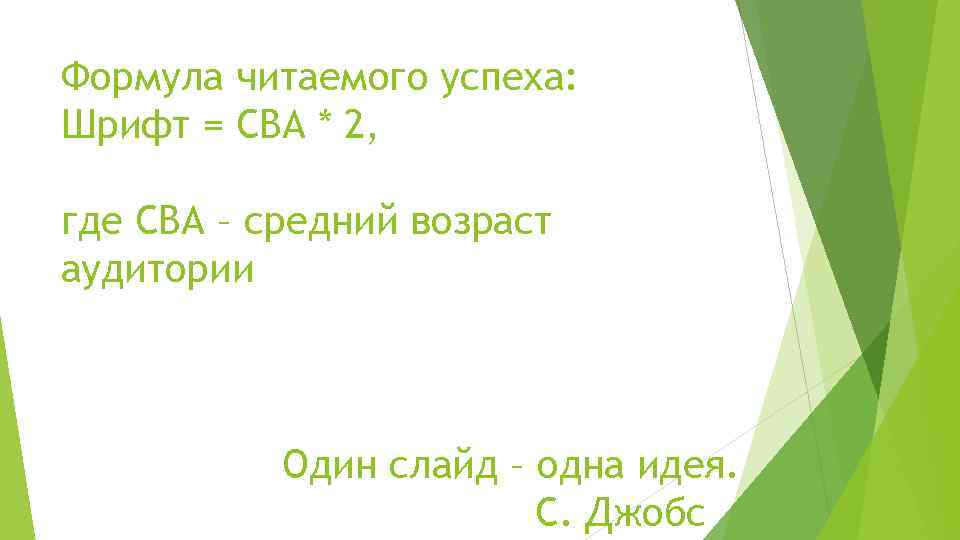 Формула читаемого успеха: Шрифт = СВА * 2, где СВА – средний возраст аудитории