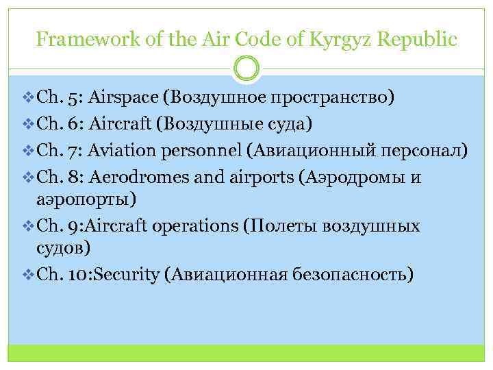 Framework of the Air Code of Kyrgyz Republic v Ch. 5: Airspace (Воздушное пространство)