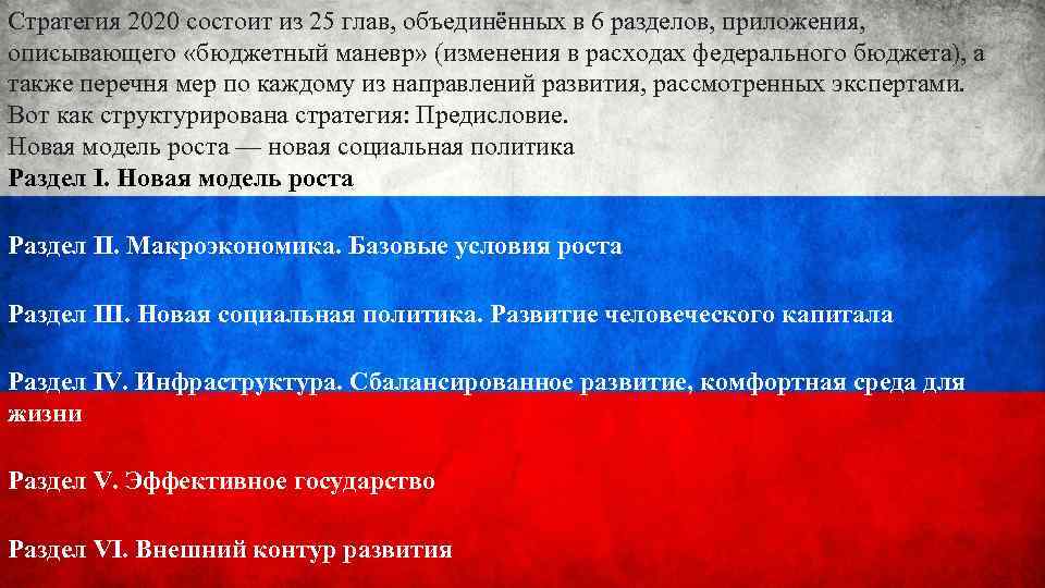 Стратегия 2020 состоит из 25 глав, объединённых в 6 разделов, приложения, описывающего «бюджетный маневр»