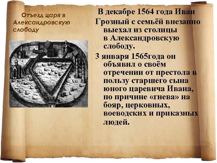 Отъезд царя в Александровскую слободу В декабре 1564 года Иван Грозный с семьёй внезапно