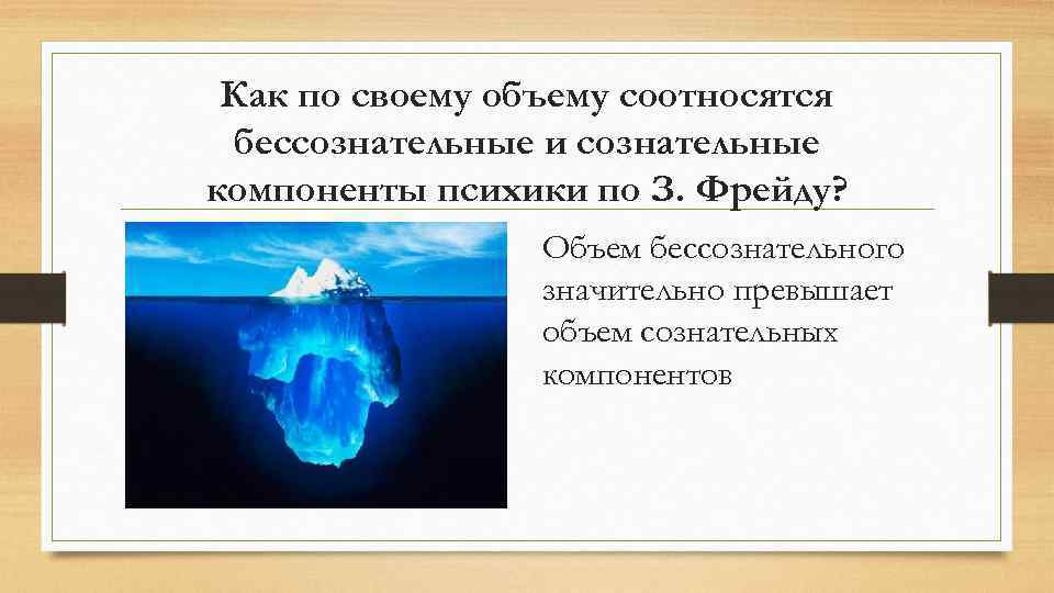 Как по своему объему соотносятся бессознательные и сознательные компоненты психики по З. Фрейду? Объем