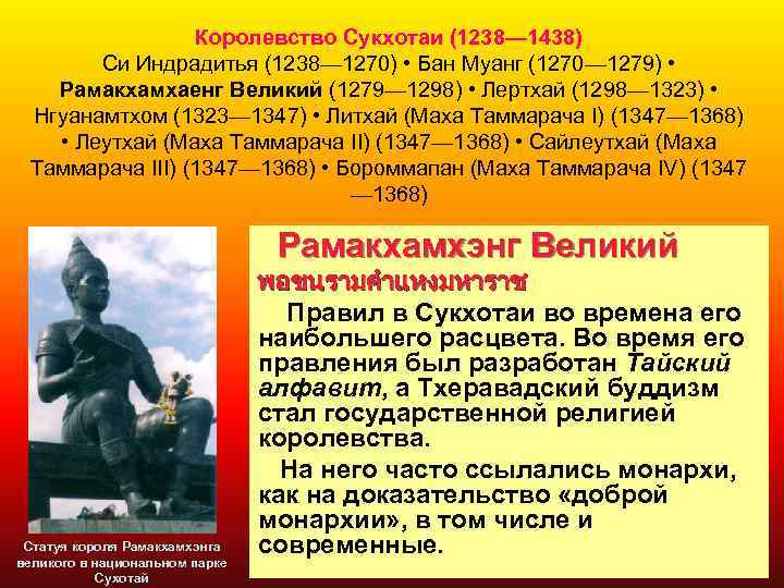 Королевство Сукхотаи (1238— 1438) Си Индрадитья (1238— 1270) • Бан Муанг (1270— 1279) •