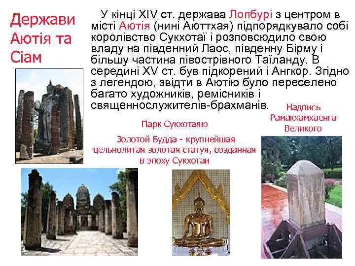 Держави У кінці ХIV ст. держава Лопбурі з центром в місті Аютія (нині Аюттхая)