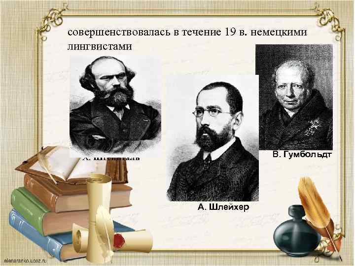 совершенствовалась в течение 19 в. немецкими лингвистами В. Гумбольдт Х. Штейнталь А. Шлейхер 