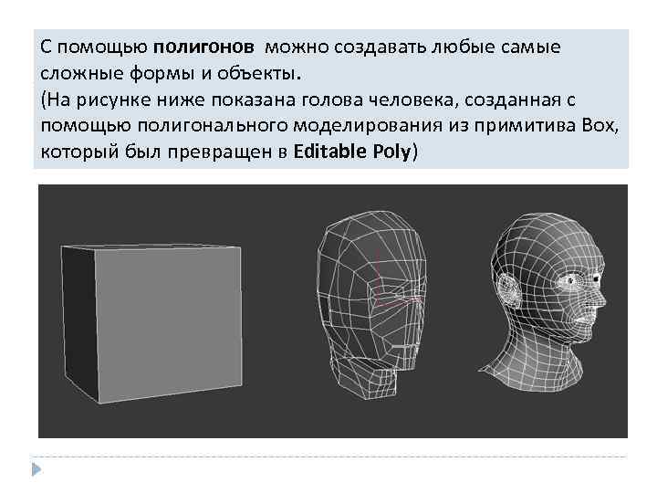 С помощью полигонов можно создавать любые самые сложные формы и объекты. (На рисунке ниже