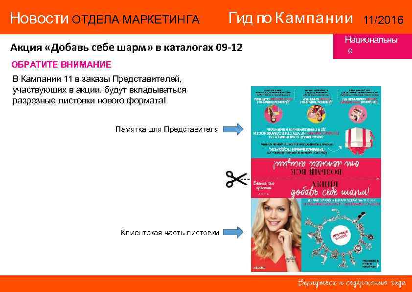 Новости ОТДЕЛА МАРКЕТИНГА Гид по Кампании Акция «Добавь себе шарм» в каталогах 09 -12