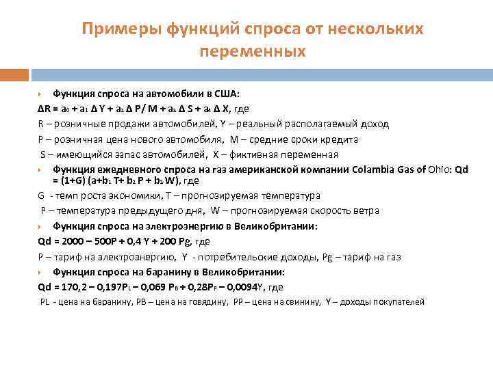 Примеры функций спроса от нескольких переменных Функция спроса на автомобили в США: ΔR =