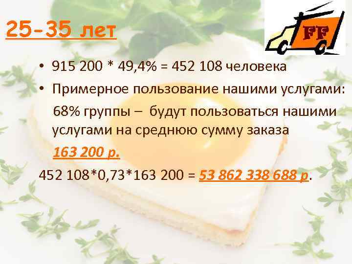 25 -35 лет • 915 200 * 49, 4% = 452 108 человека •