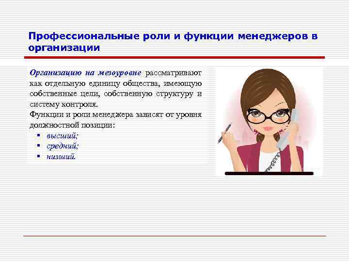 Профессиональные роли и функции менеджеров в организации Организацию на мезоуровне рассматривают как отдельную единицу