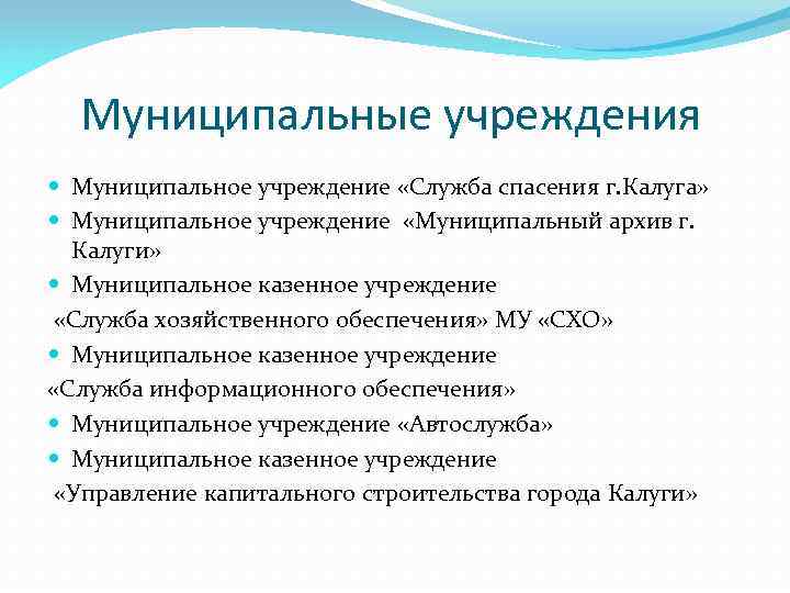 Муниципальные учреждения Муниципальное учреждение «Служба спасения г. Калуга» Муниципальное учреждение «Муниципальный архив г. Калуги»