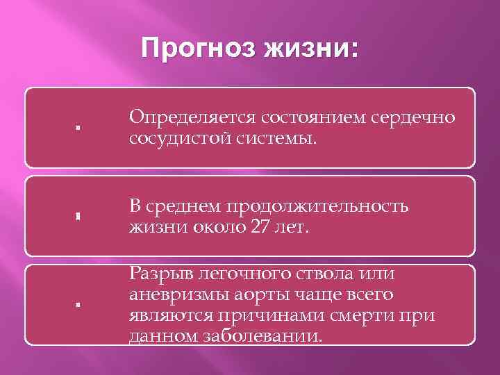 Прогноз жизни: Определяется состоянием сердечно сосудистой системы. В среднем продолжительность жизни около 27 лет.