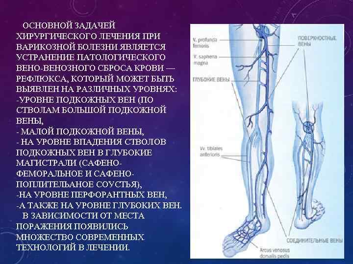  ОСНОВНОЙ ЗАДАЧЕЙ ХИРУРГИЧЕСКОГО ЛЕЧЕНИЯ ПРИ ВАРИКОЗНОЙ БОЛЕЗНИ ЯВЛЯЕТСЯ УСТРАНЕНИЕ ПАТОЛОГИЧЕСКОГО ВЕНО-ВЕНОЗНОГО СБРОСА КРОВИ