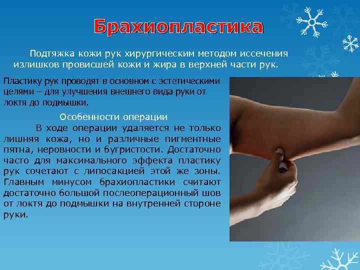 Брахиопластика Подтяжка кожи рук хирургическим методом иссечения излишков провисшей кожи и жира в верхней
