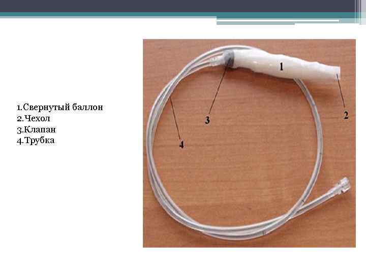 1. Свернутый баллон 2. Чехол 3. Клапан 4. Трубка 