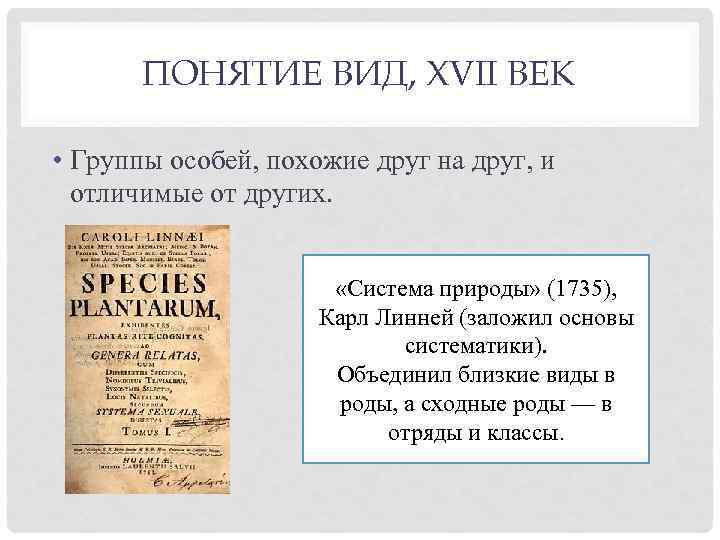 ПОНЯТИЕ ВИД, XVII ВЕК • Группы особей, похожие друг на друг, и отличимые от