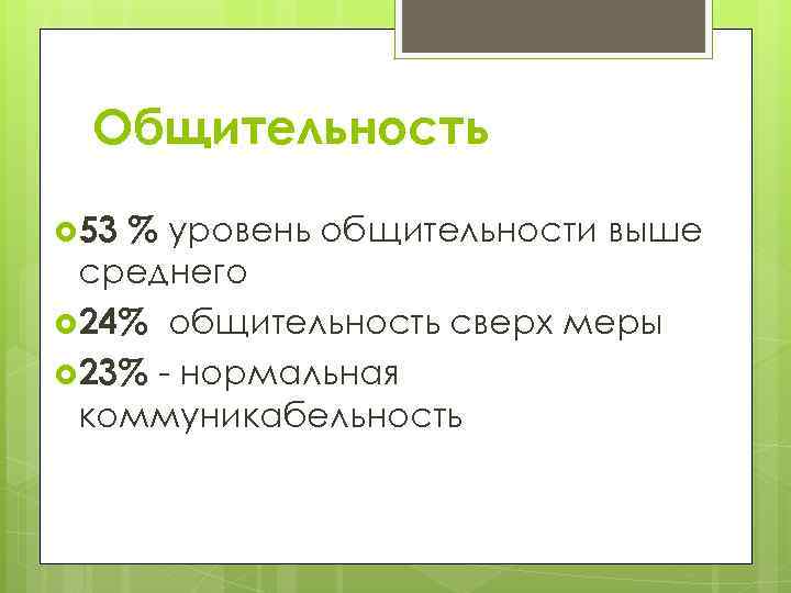 Общительность 53 % уровень общительности выше среднего 24% общительность сверх меры 23% - нормальная