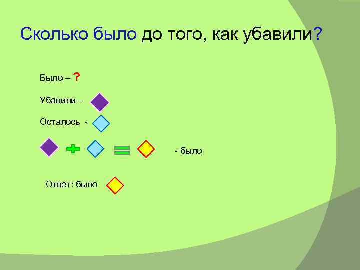 Сколько было до того, как убавили? Было – ? Убавили – Осталось - было