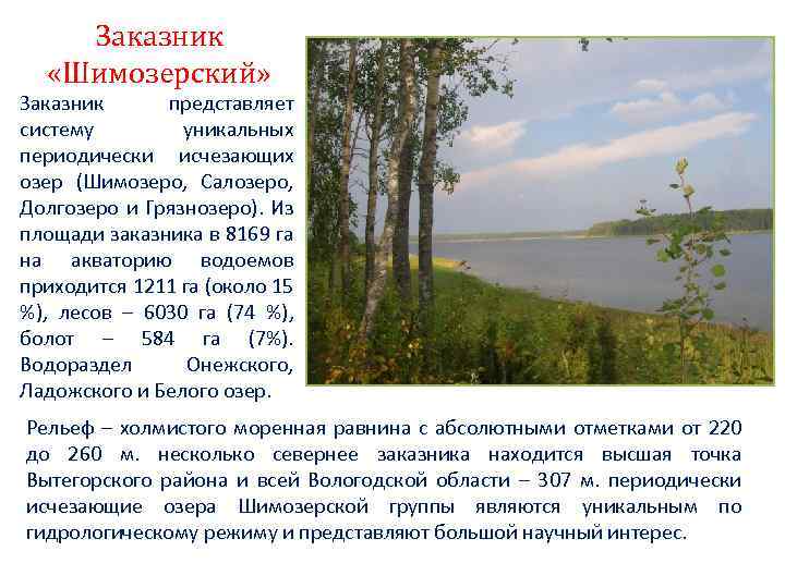 Заказник «Шимозерский» Заказник представляет систему уникальных периодически исчезающих озер (Шимозеро, Салозеро, Долгозеро и Грязнозеро).
