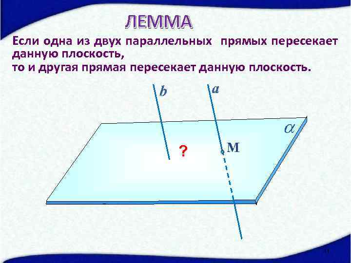 Сформулируйте лемму о параллельных прямых пересекающих плоскость сделайте пояснения и чертежи