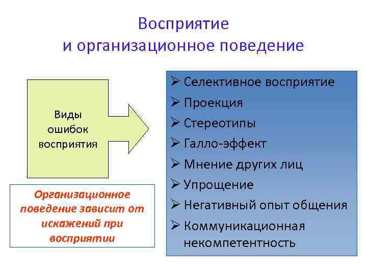 Восприятие и организационное поведение Виды ошибок восприятия Организационное поведение зависит от искажений при восприятии