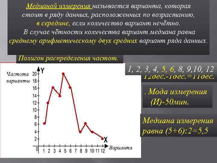 Медианой измерения характеристики 4) Числовыеназывается варианта, которая стоит в ряду данных, расположенных по возрастанию,