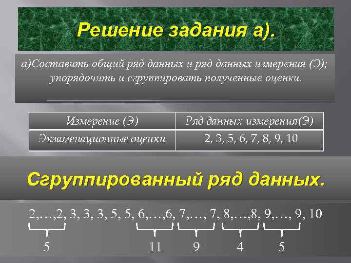 Решение задания а). а)Составить общий ряд данных измерения (Э); упорядочить и сгруппировать полученные оценки.