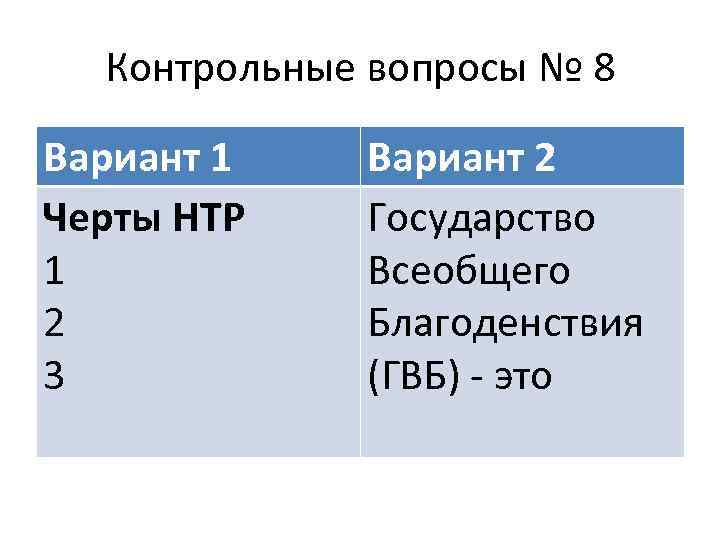 Контрольные вопросы № 8 Вариант 1 Черты НТР 1 2 3 Вариант 2 Государство