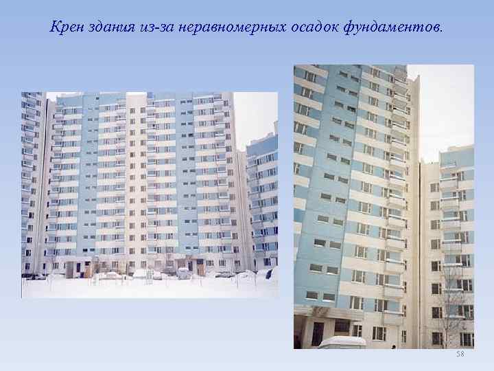Крен здания из-за неравномерных осадок фундаментов. 58 