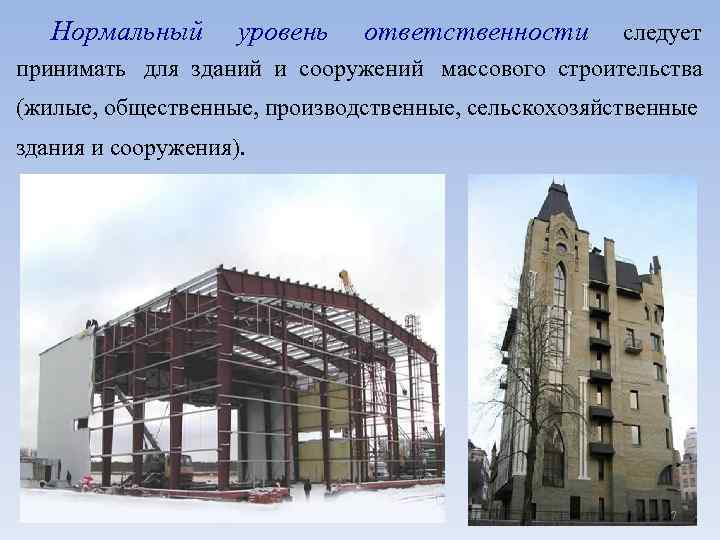 Нормальный уровень ответственности следует принимать для зданий и сооружений массового строительства (жилые, общественные, производственные,