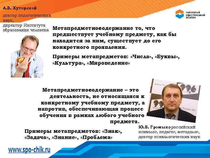 А. В. Хуторской , доктор педагогических наук, директор Института образования человека Метапредметное содержание то,
