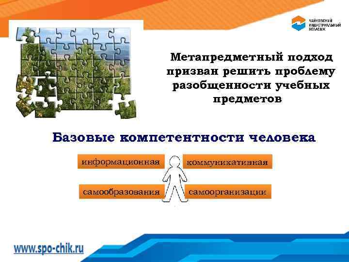 Метапредметный подход призван решить проблему разобщенности учебных предметов Базовые компетентности человека информационная коммуникативная самообразования