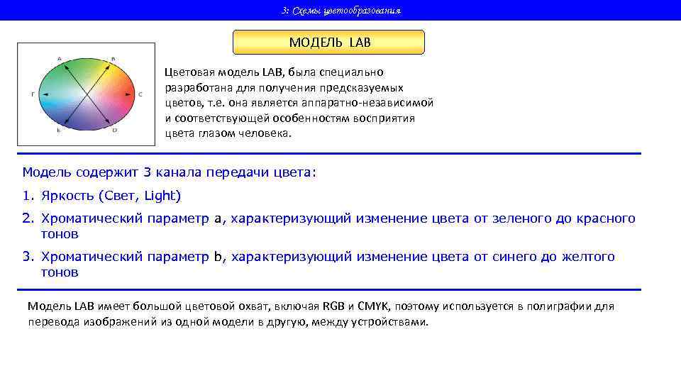 3: Схемы цветообразования МОДЕЛЬ LAB Цветовая модель LAB, была специально разработана для получения предсказуемых