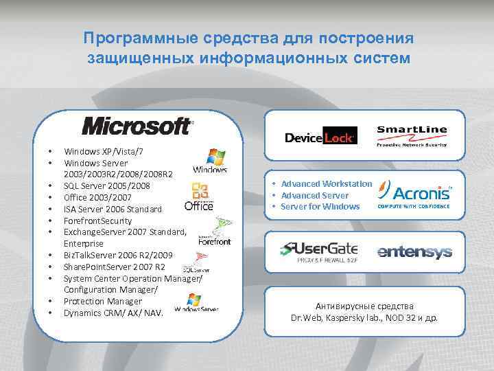 Программные средства для построения защищенных информационных систем • • • Windows XP/Vista/7 Windows Server