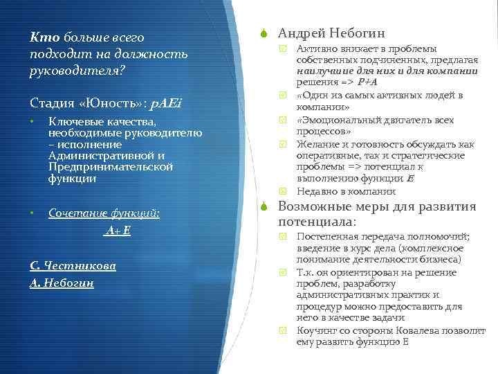 Кто больше всего подходит на должность руководителя? Стадия «Юность» : p. AEi • Ключевые
