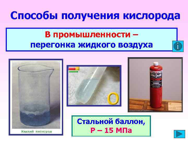 Способы получения кислорода В промышленности – перегонка жидкого воздуха Стальной баллон, Р – 15