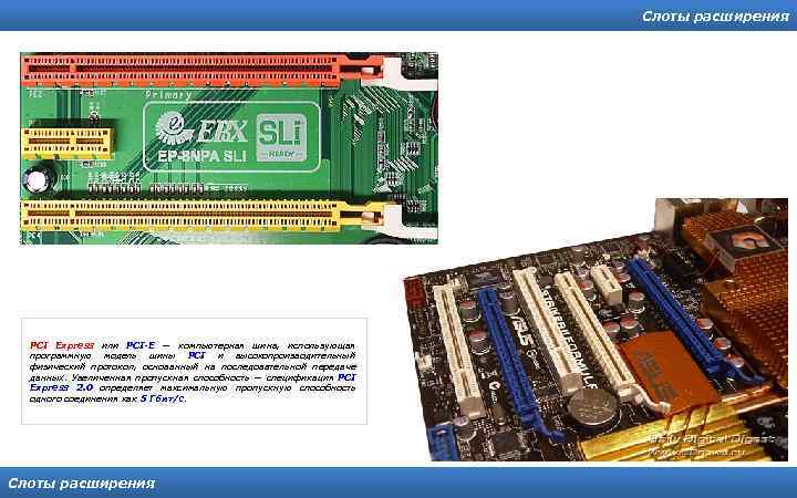 Слоты расширения PCI Express или PCI-E — компьютерная шина, использующая программную модель шины PCI