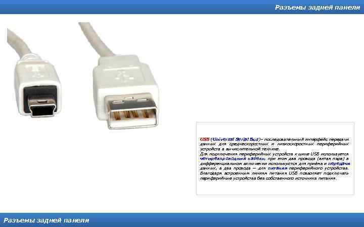 Разъемы задней панели USB (Universal Serial Bus)– последовательный интерфейс передачи данных для среднескоростных и