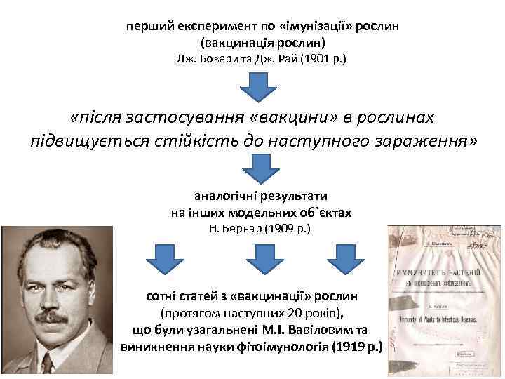 перший експеримент по «імунізації» рослин (вакцинація рослин) Дж. Бовери та Дж. Рай (1901 р.