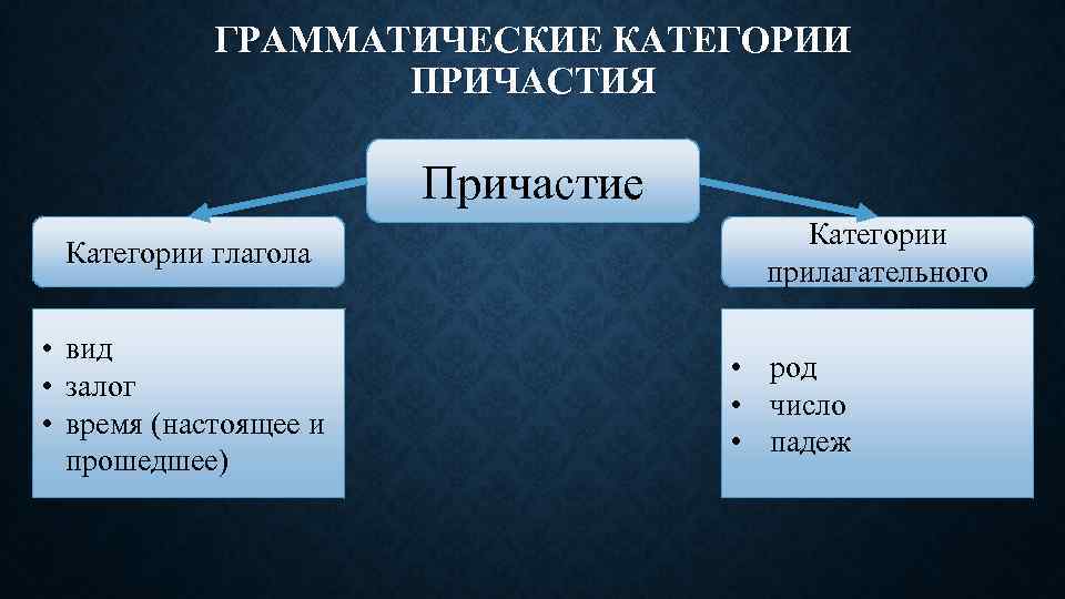 ГРАММАТИЧЕСКИЕ КАТЕГОРИИ ПРИЧАСТИЯ Причастие Категории глагола • вид • залог • время (настоящее и