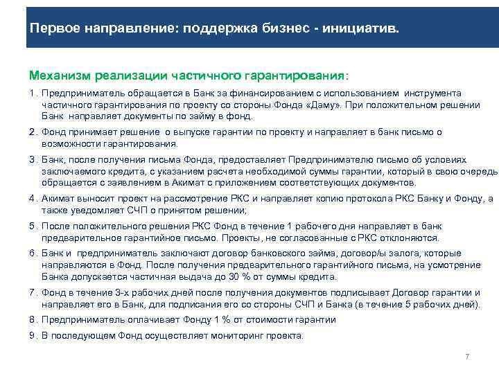 Первое направление: поддержка бизнес - инициатив. Механизм реализации частичного гарантирования: 1. Предприниматель обращается в