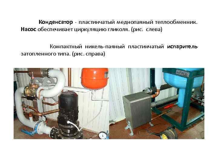 Конденсатор - пластинчатый меднопаяный теплообменник. Насос обеспечивает циркуляцию гликоля. (рис. слева) Компактный никель-паяный пластинчатый