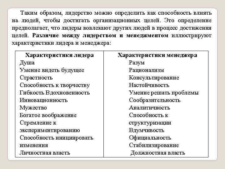 Таким образом, лидерство можно определить как способность влиять на людей, чтобы достигать организационных целей.