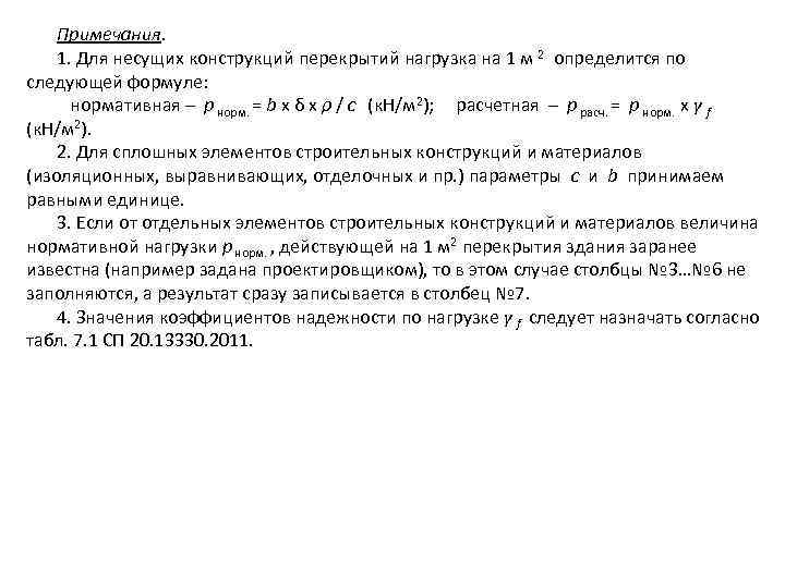 Примечания. 1. Для несущих конструкций перекрытий нагрузка на 1 м 2 определится по следующей