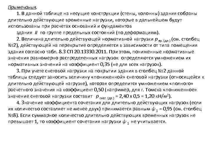 Примечания. 1. В данной таблице на несущие конструкции (стены, колонны) здания собраны длительно действующие