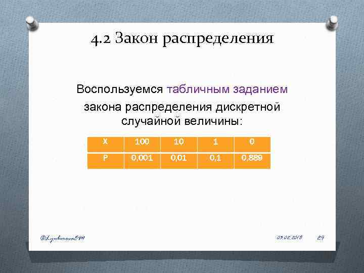 4. 2 Закон распределения Воспользуемся табличным заданием закона распределения дискретной случайной величины: Х Р